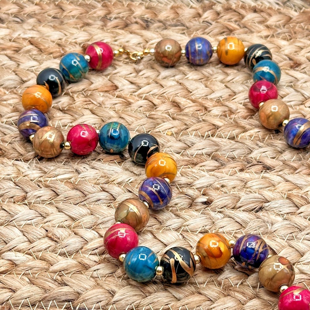 Vintage 80s 90s Multicolor Acrylic Beaded Necklace Magenta Teal Purple Retro 30"